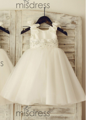 Taffeta Tulle Tutu Flower Girl Dress With Beading Sash